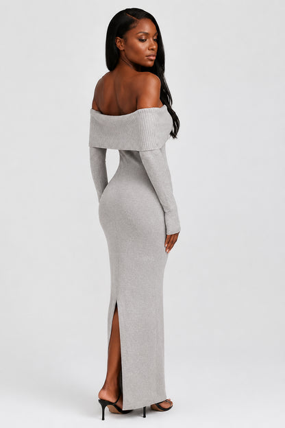 Vivienne Knit Off-Shoulder Maxi Dress Grey