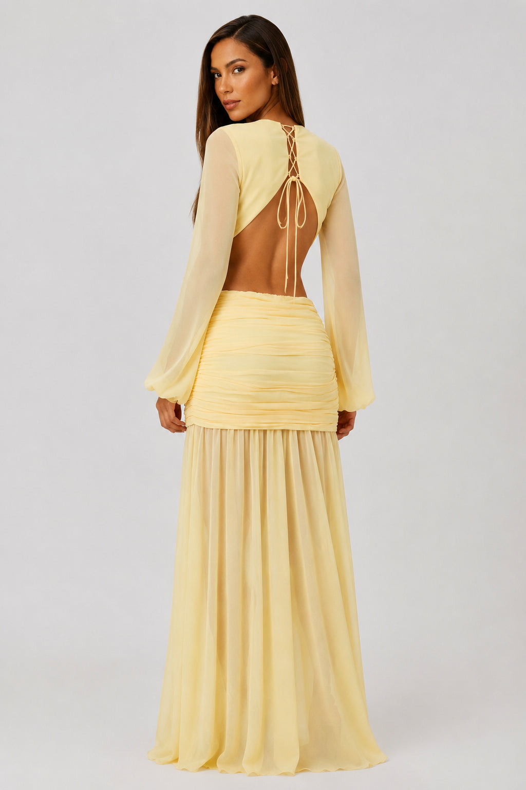 Daydream Plunge-Neckline Ruched Maxi Dress Lemon