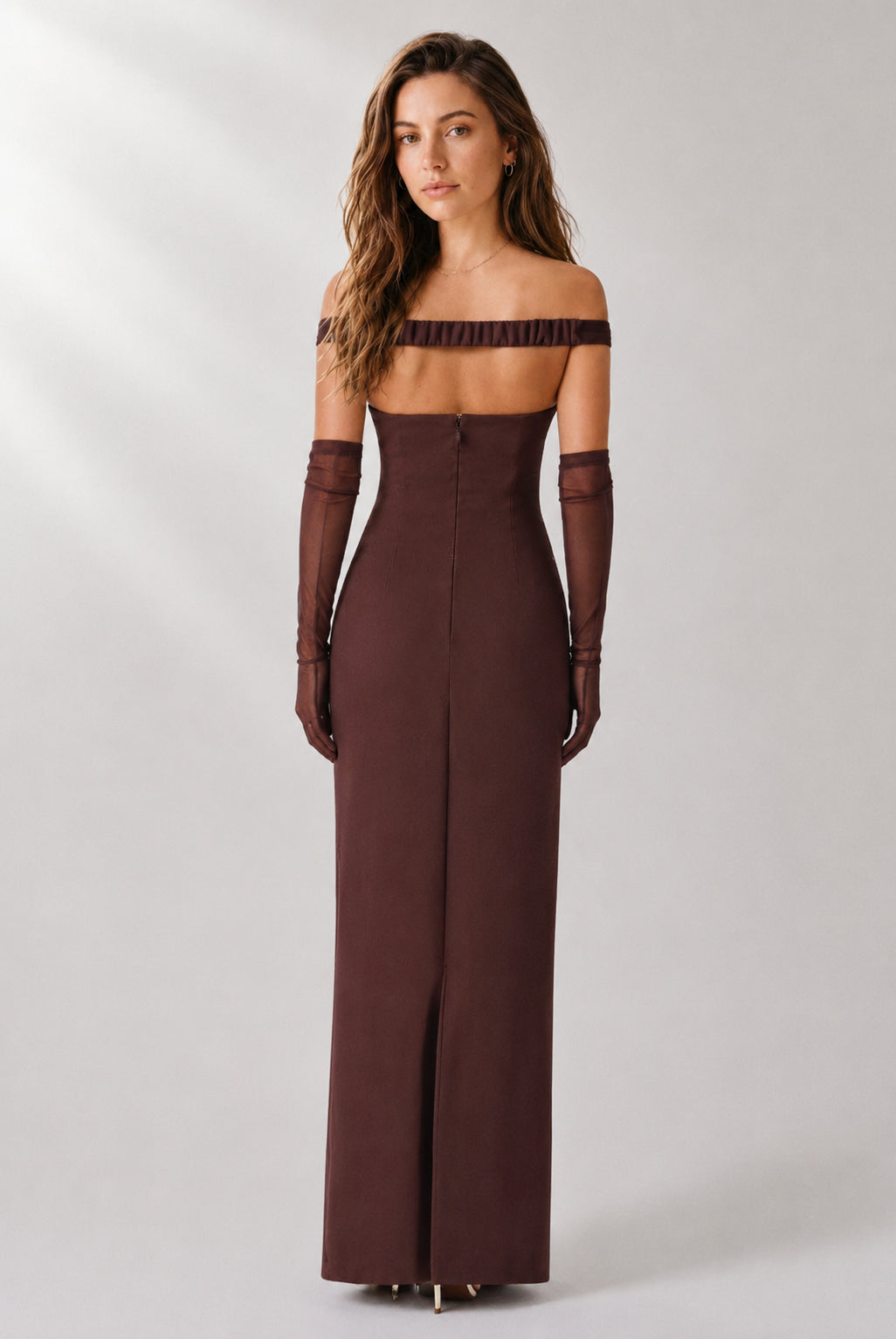 Seabreeze Plunge-Neckline Crepe Maxi Dress Plum Brown