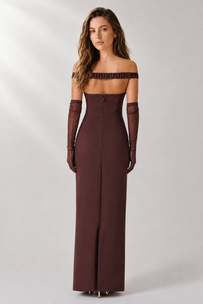 Seabreeze Plunge-Neckline Crepe Maxi Dress Plum Brown