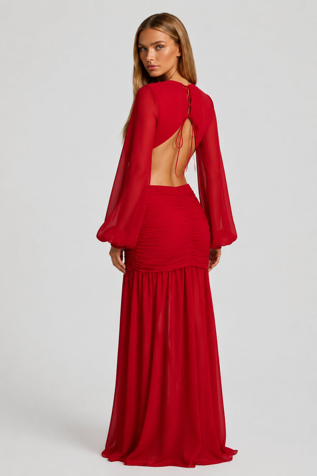 Daydream Plunge-Neckline Ruched Maxi Dress Red