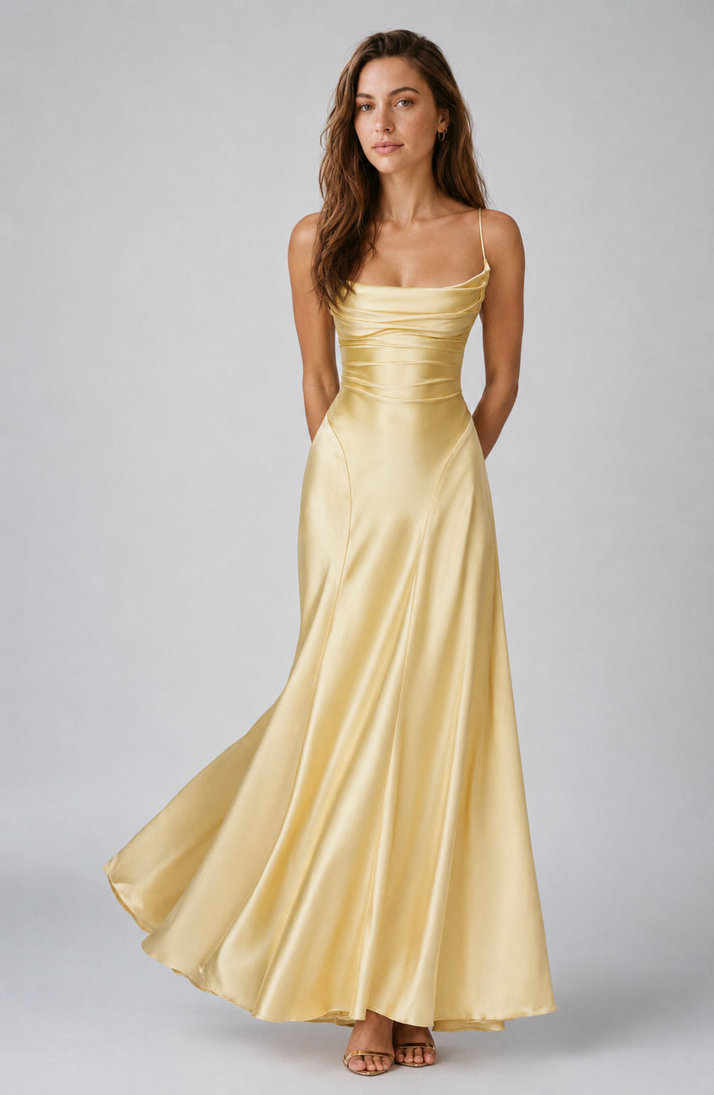 Chelsea Satin Cowl-Neck Maxi Dress Lemon
