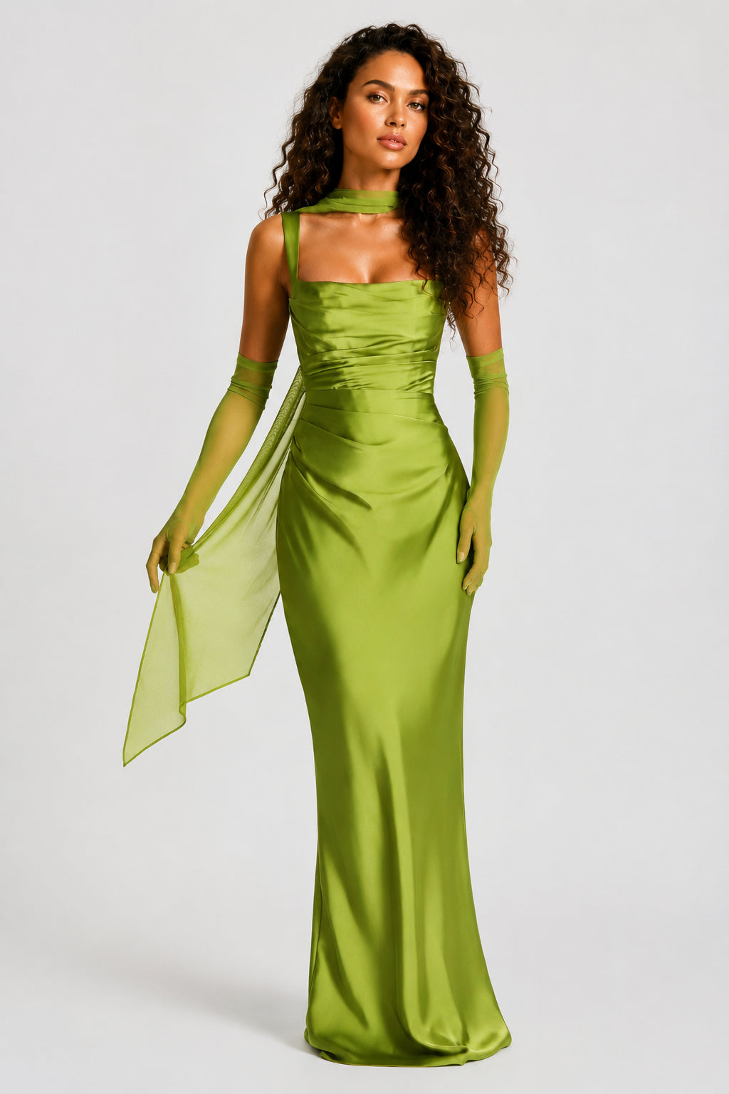 Daydream Satin Square-Neck Maxi Dress Olive