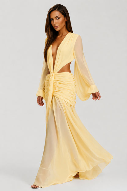 Daydream Plunge-Neckline Ruched Maxi Dress Lemon