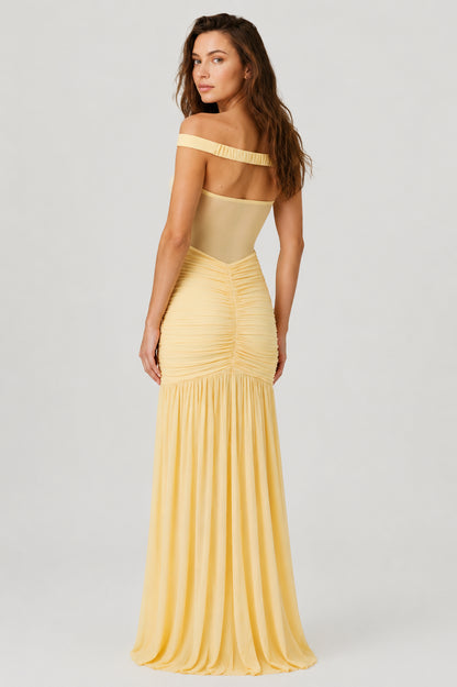 Mallorca Mesh Ruched Maxi Dress Lemon