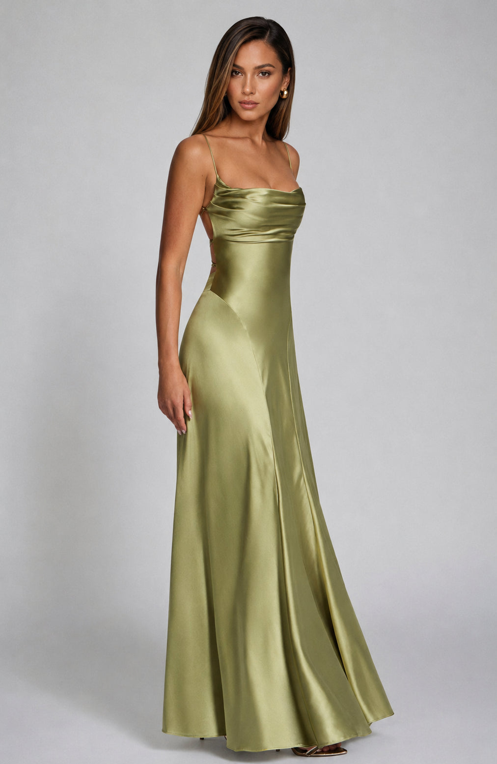 Chelsea Satin Flare Maxi Dress Light Olive