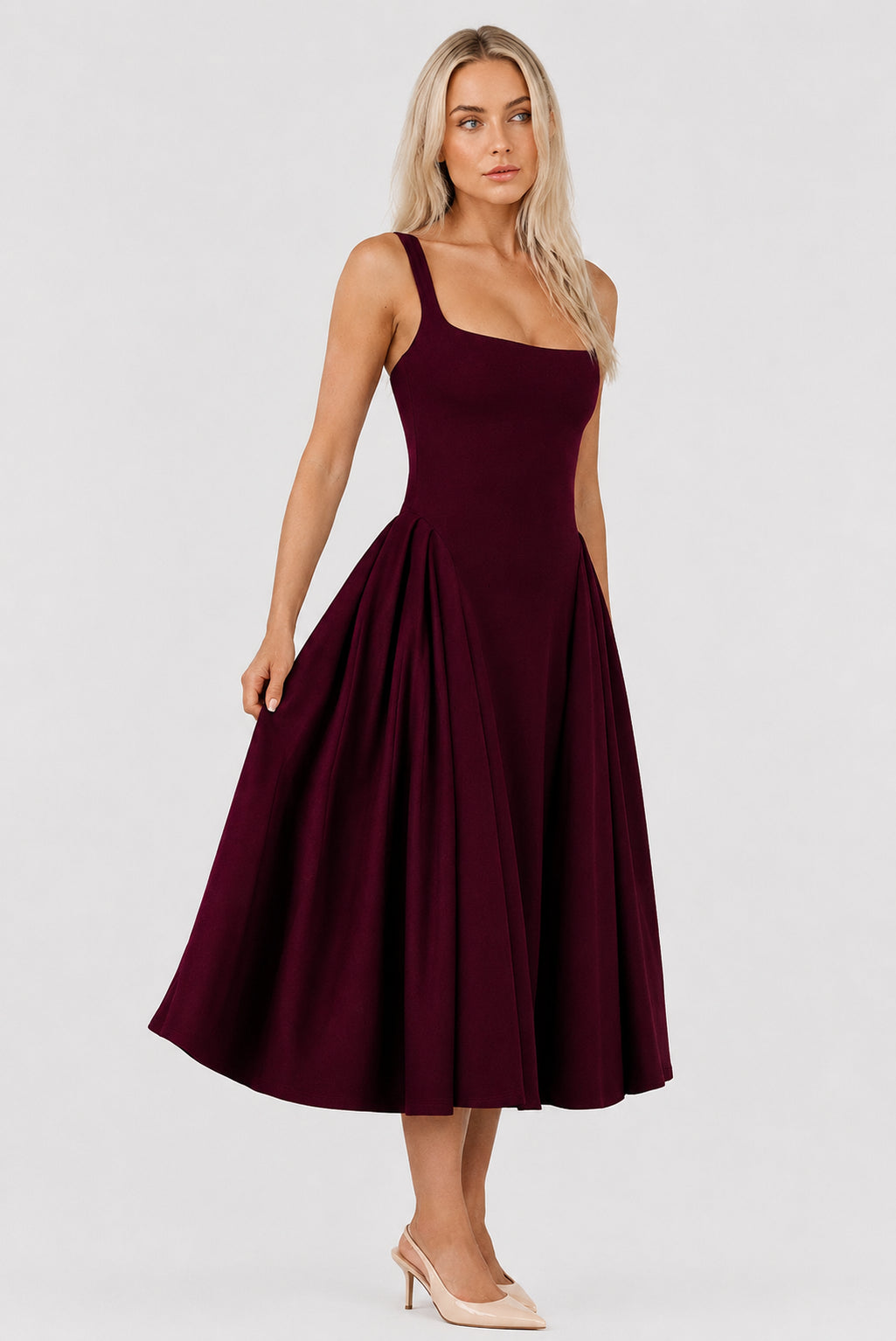Halle Crepe Square-Neck Midi Dress Cherry Lacquer