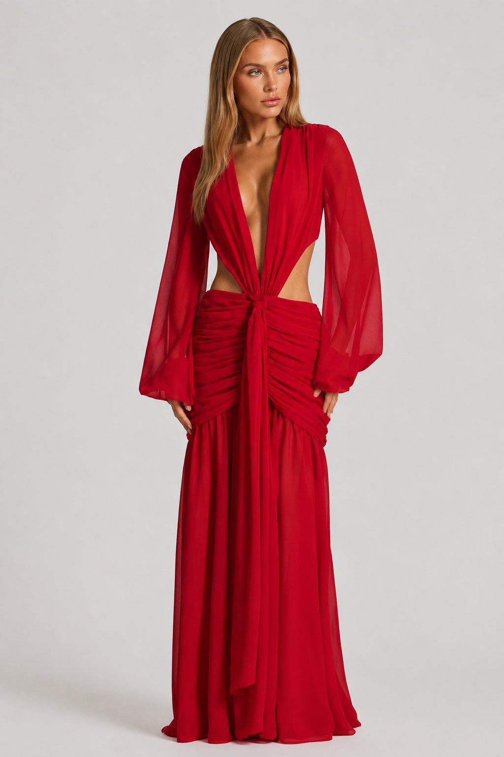 Daydream Plunge-Neckline Ruched Maxi Dress Red