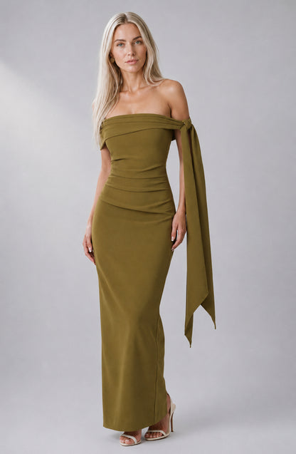Wildflower Off-Shoulder Crepe Maxi Dress Deep Olive