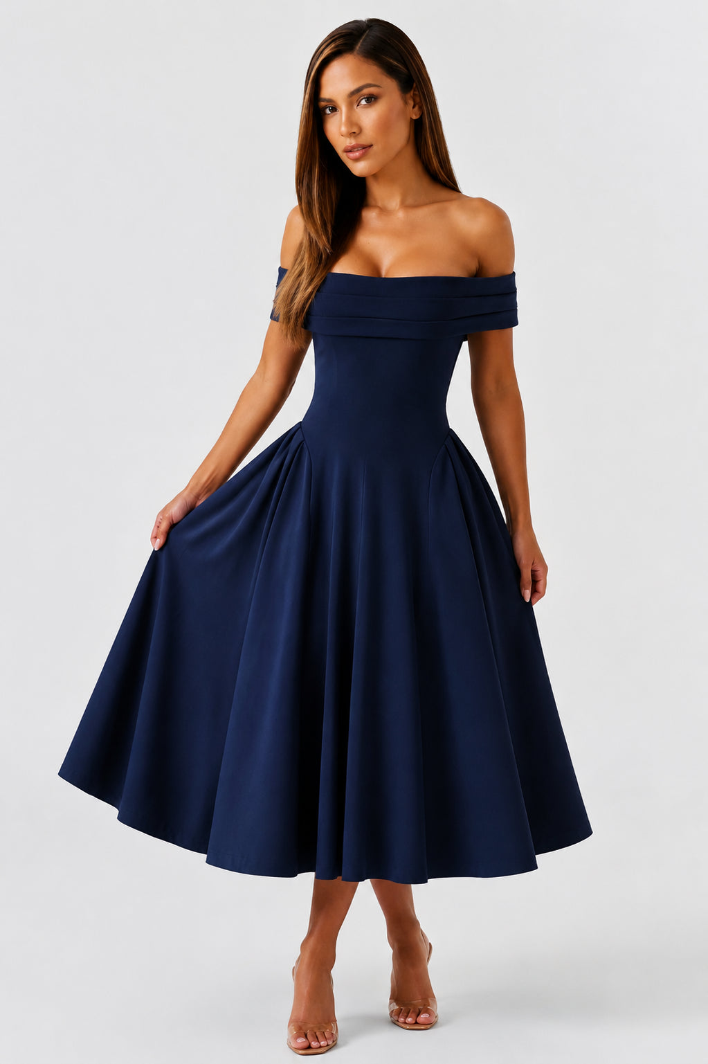 Daydream Off-Shoulder Crepe Midi Dress Navy