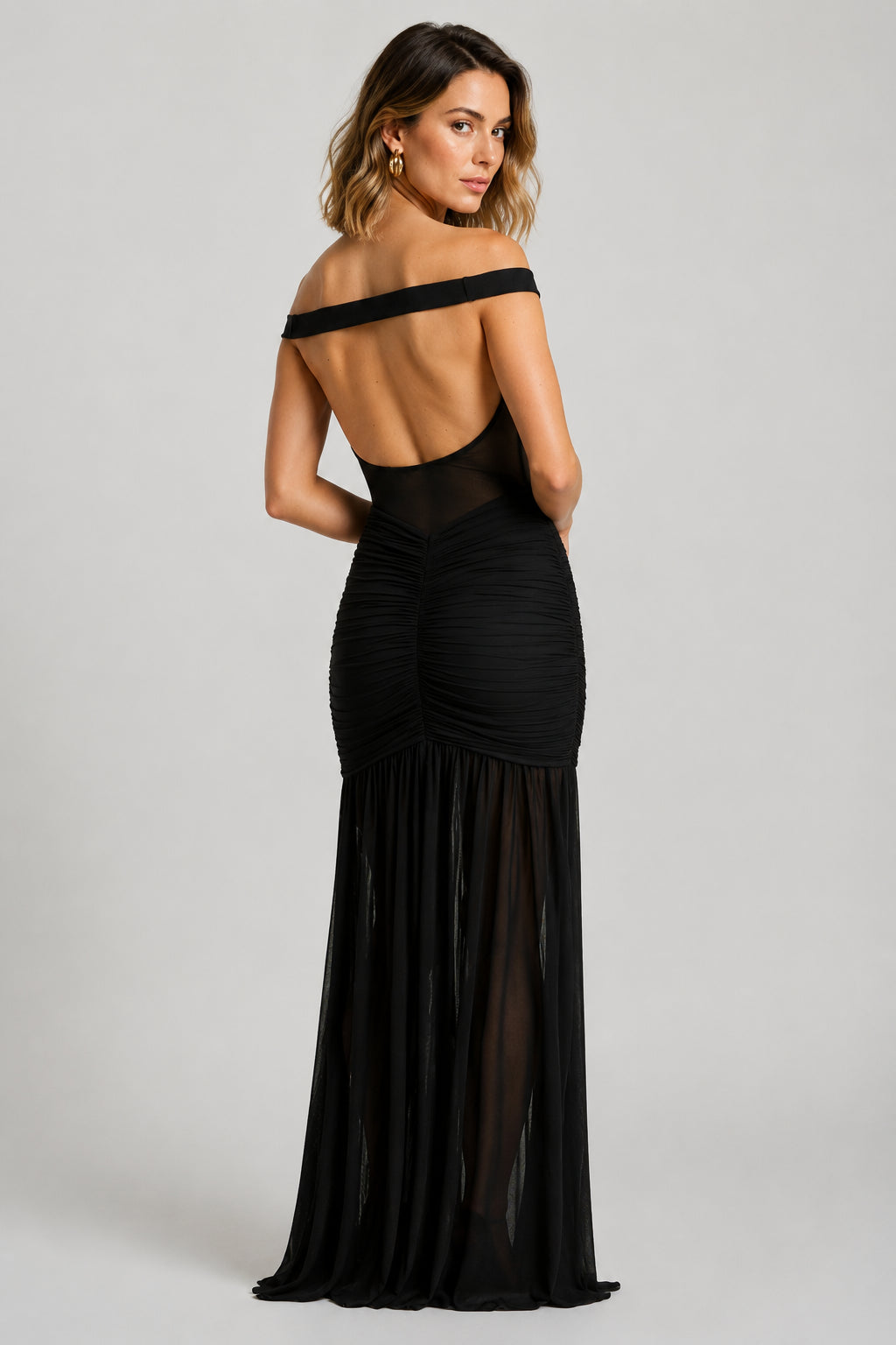 Mallorca Mesh Off-Shoulder Maxi Dress Black