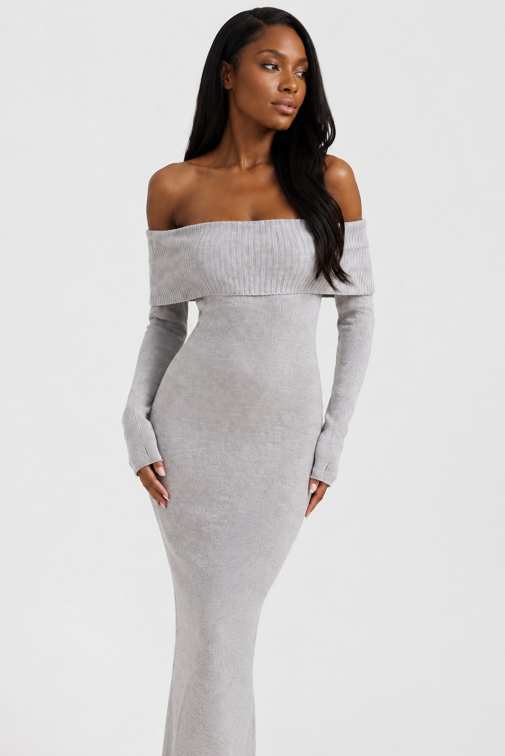Vivienne Knit Off-Shoulder Maxi Dress Grey
