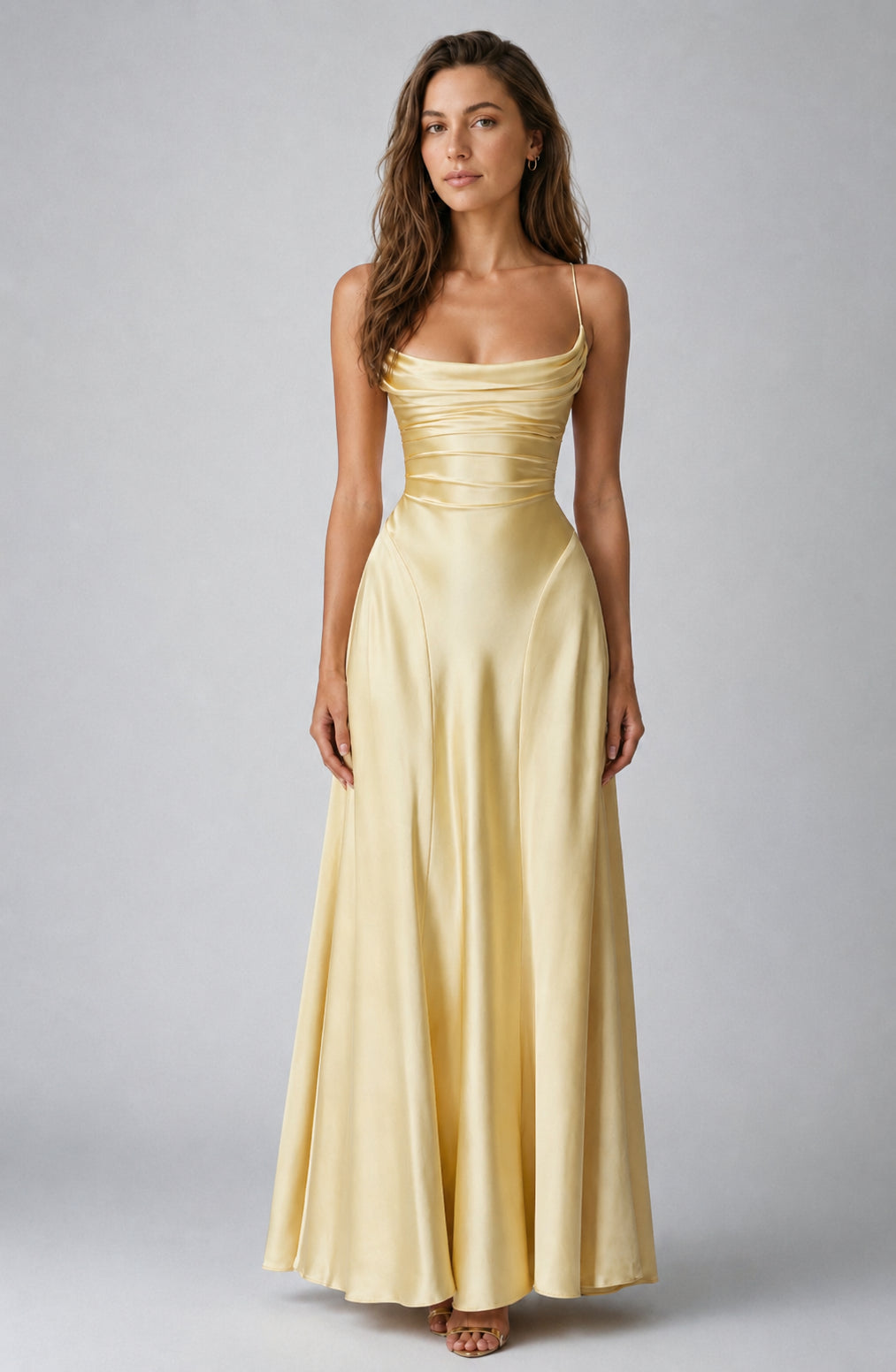 Chelsea Satin Cowl-Neck Maxi Dress Lemon