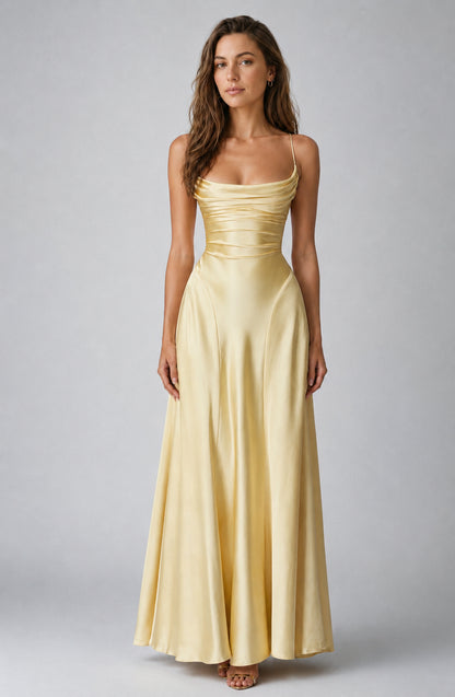 Chelsea Satin Cowl-Neck Maxi Dress Lemon