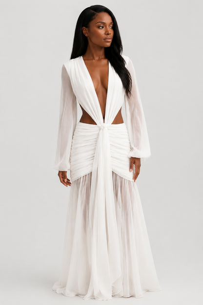Daydream Plunge-Neckline Ruched Maxi Dress Ivory