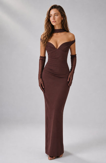Seabreeze Plunge-Neckline Crepe Maxi Dress Plum Brown