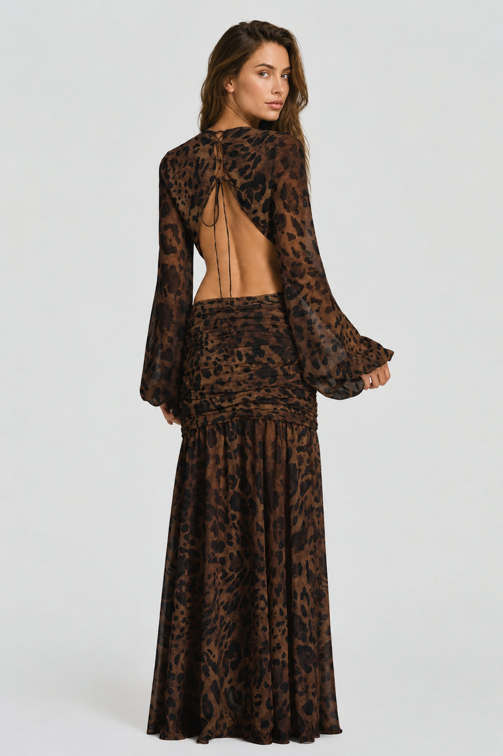 Daydream Plunge-Neckline Ruched Maxi Dress Leopard Print