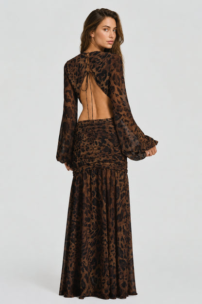 Daydream Plunge-Neckline Ruched Maxi Dress Leopard Print