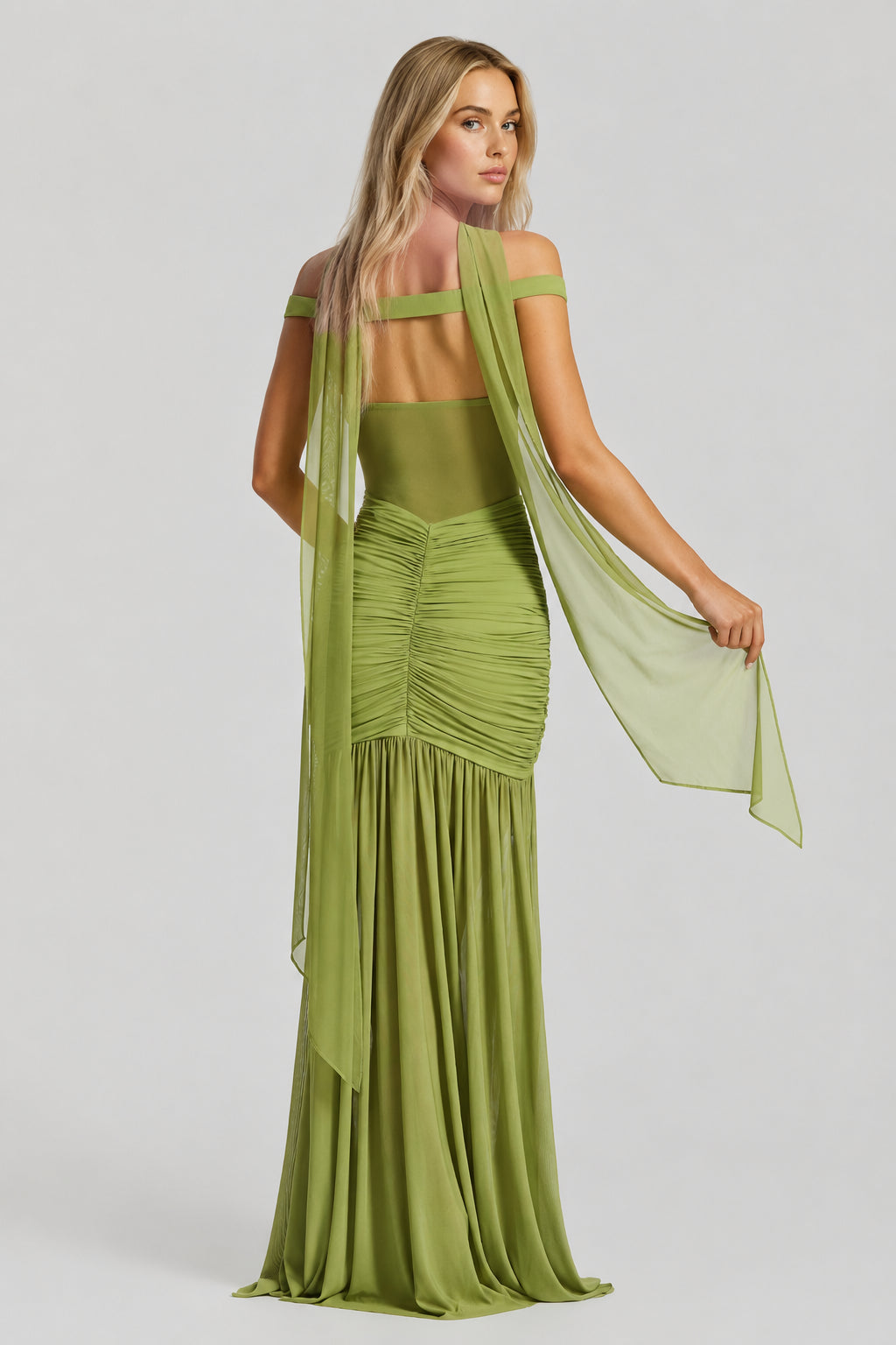 Mallorca Mesh Off-Shoulder Maxi Dress Olive