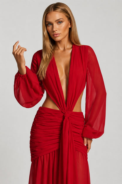 Daydream Plunge-Neckline Ruched Maxi Dress Red