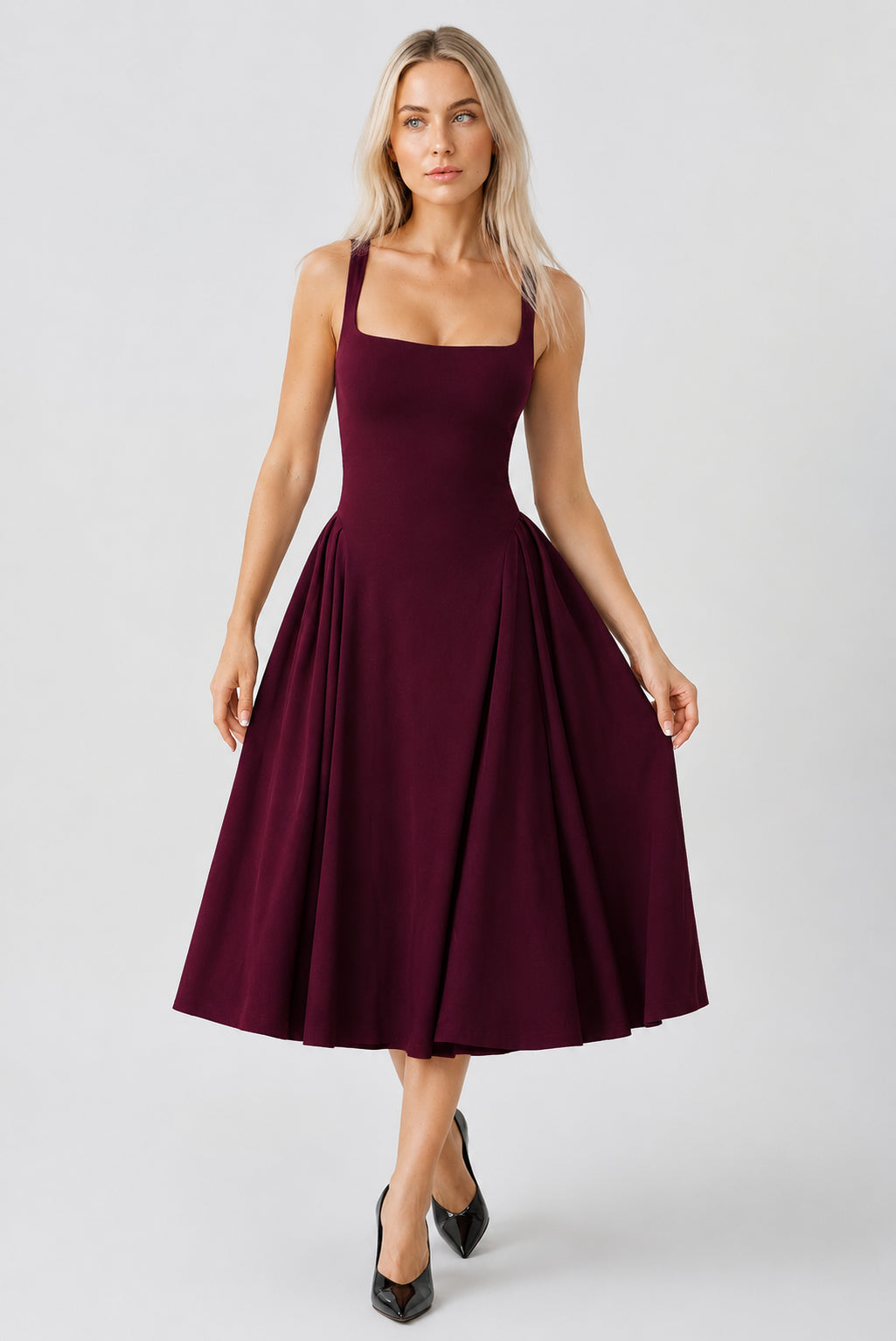Halle Crepe Square-Neck Midi Dress Cherry Lacquer