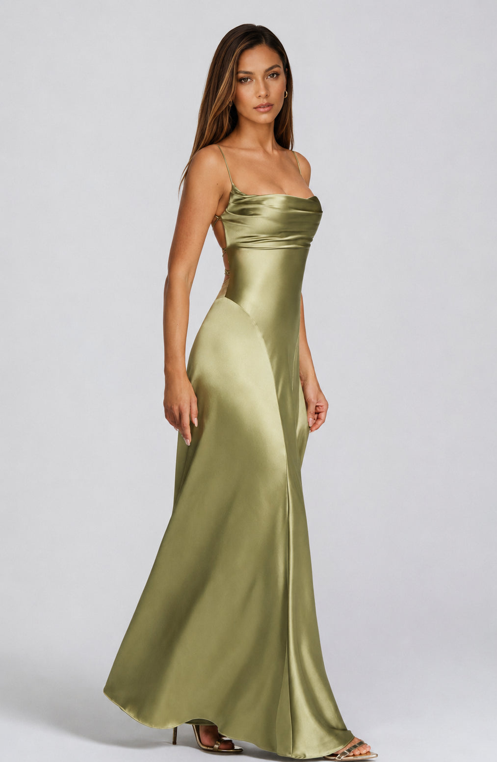 Chelsea Satin Flare Maxi Dress Light Olive