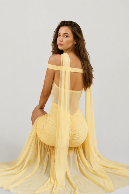 Mallorca Mesh Ruched Maxi Dress Lemon