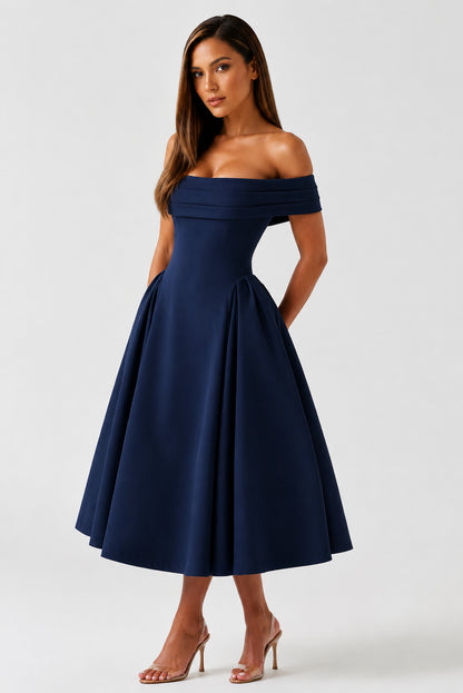 Daydream Off-Shoulder Crepe Midi Dress Navy