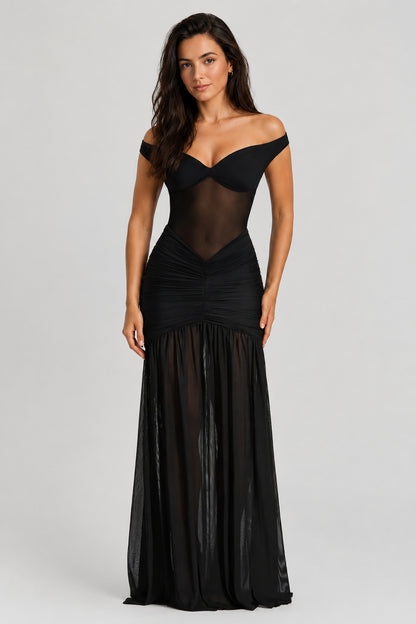 Mallorca Mesh Off-Shoulder Maxi Dress Black