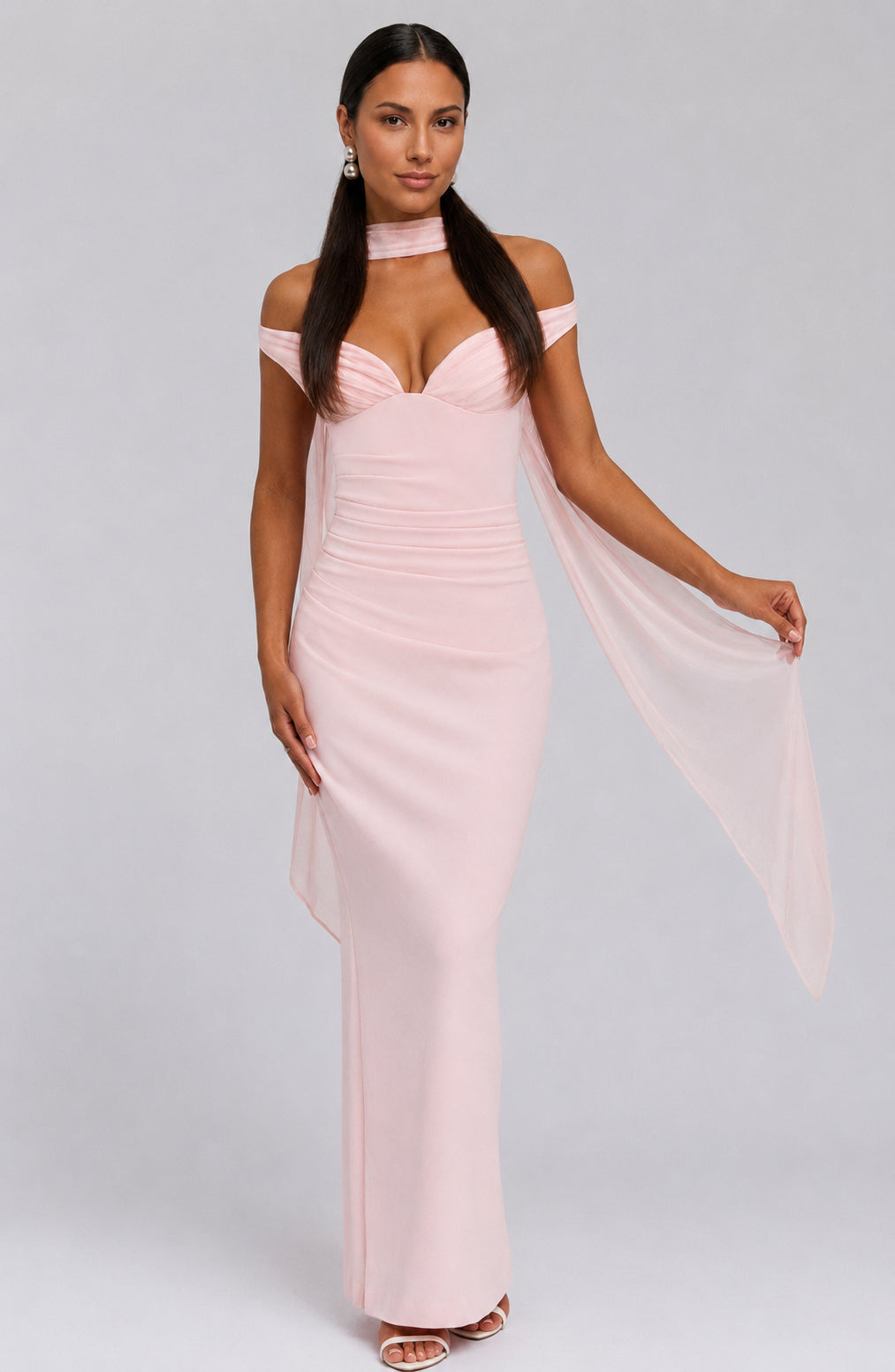 Seabreeze Plunge-Neckline Crepe Maxi Dress Blush