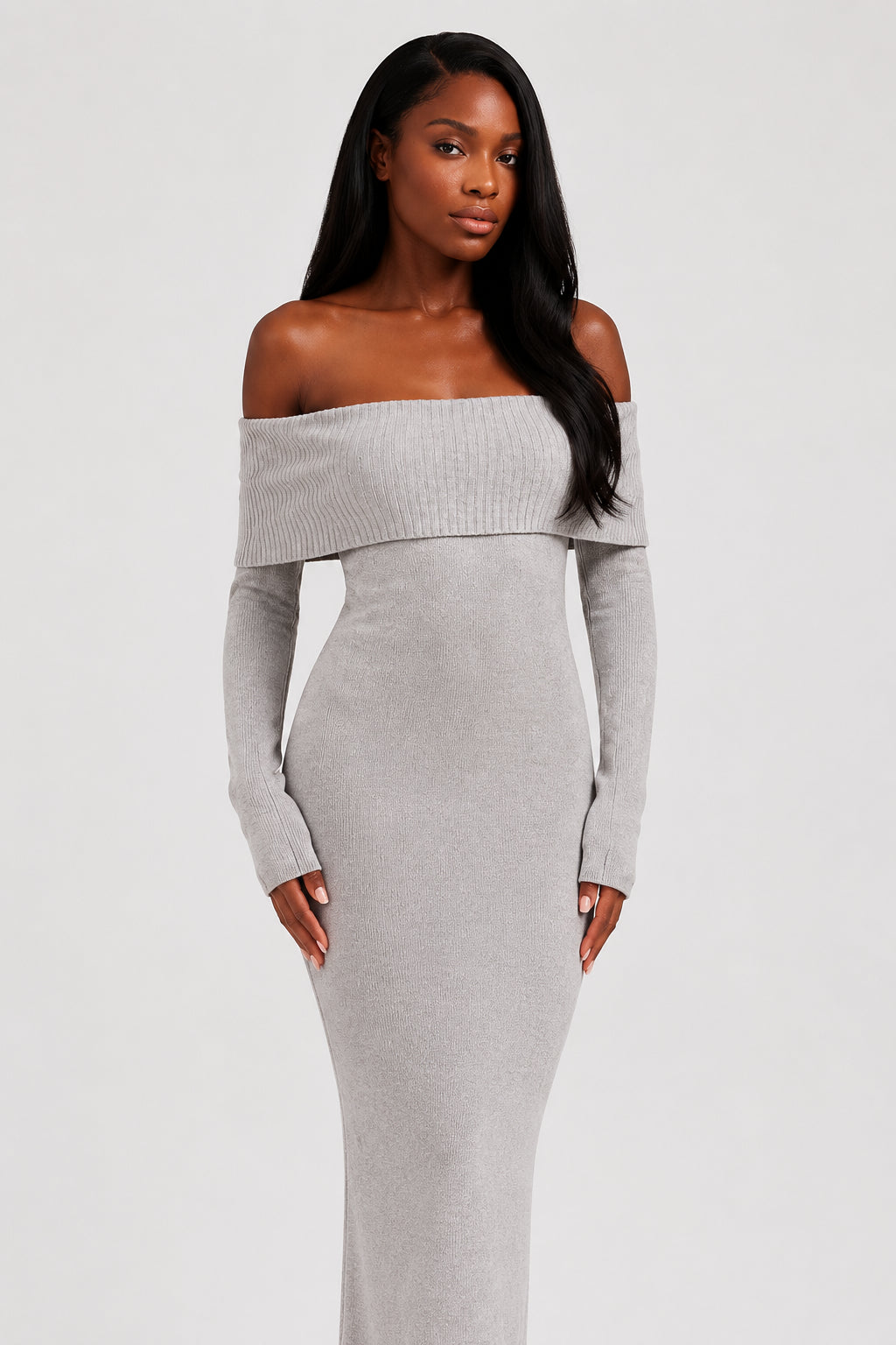 Vivienne Knit Off-Shoulder Maxi Dress Grey