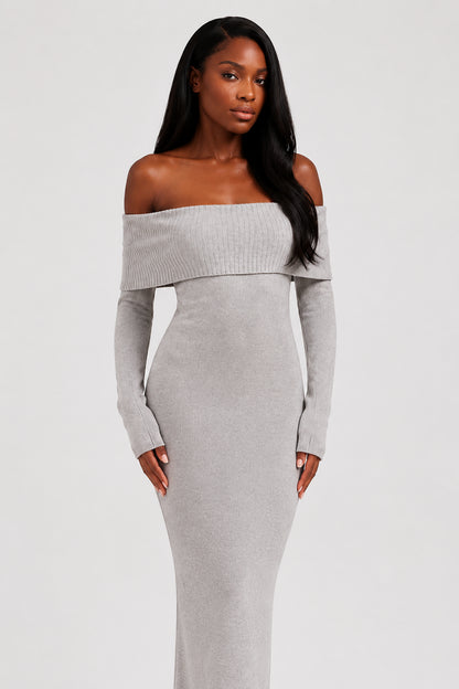 Vivienne Knit Off-Shoulder Maxi Dress Grey