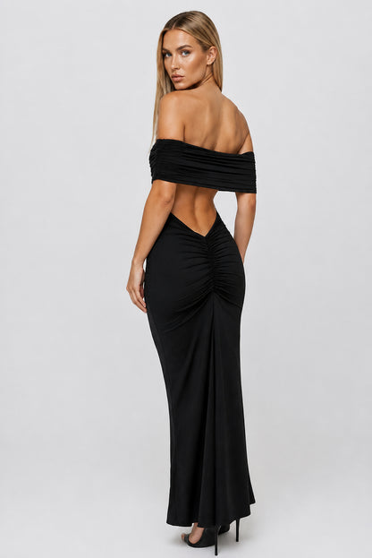 Solstice Ruched Off-Shoulder Maxi Dress Black