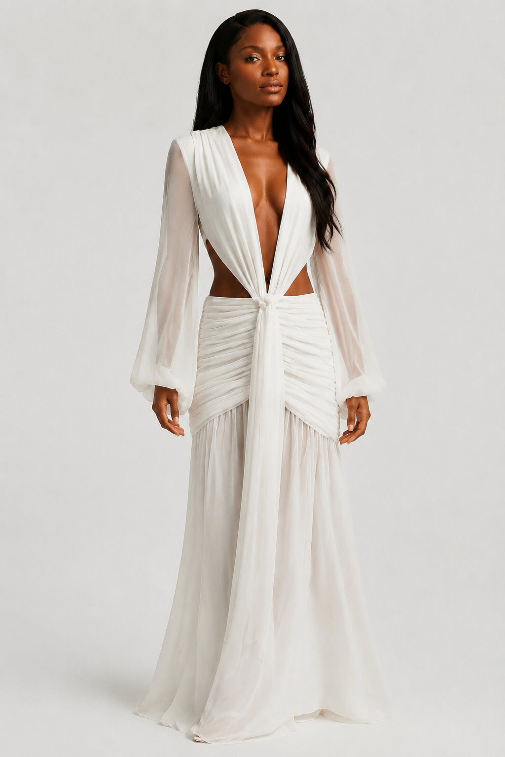 Daydream Plunge-Neckline Ruched Maxi Dress Ivory