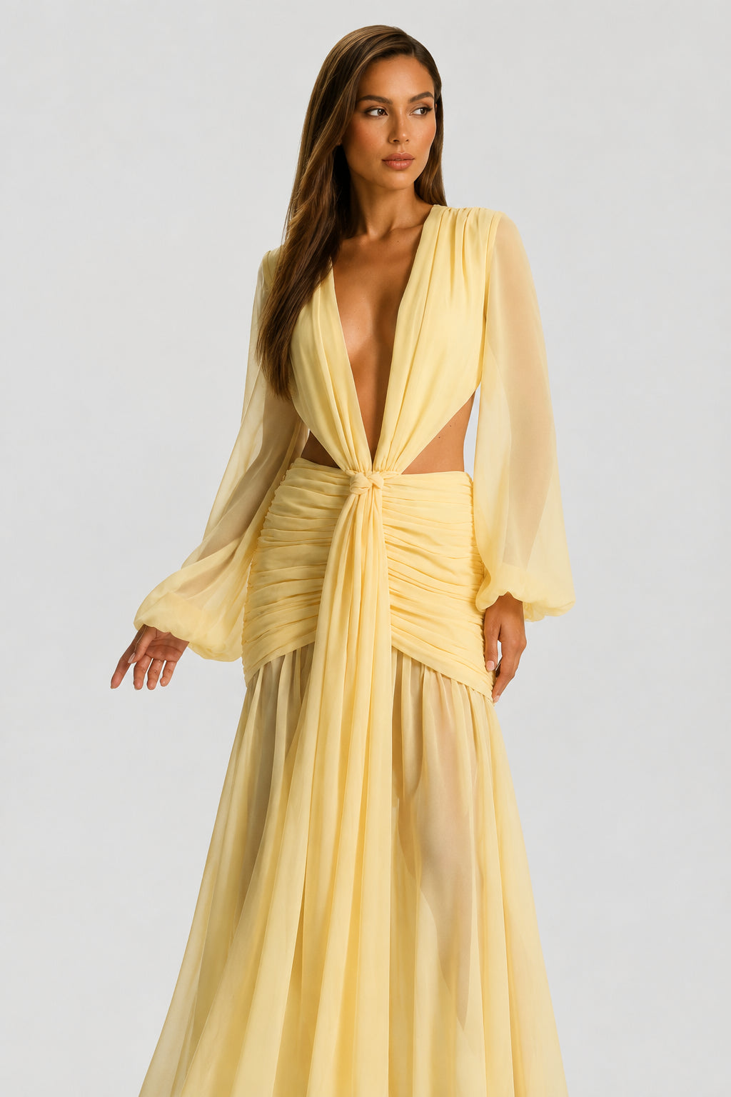 Daydream Plunge-Neckline Ruched Maxi Dress Lemon