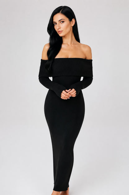 Vivienne Knit Off-Shoulder Maxi Dress Black