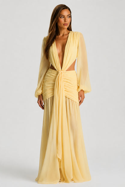 Daydream Plunge-Neckline Ruched Maxi Dress Lemon
