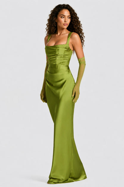 Daydream Satin Square-Neck Maxi Dress Olive