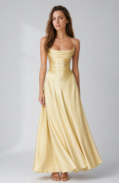 Chelsea Satin Cowl-Neck Maxi Dress Lemon