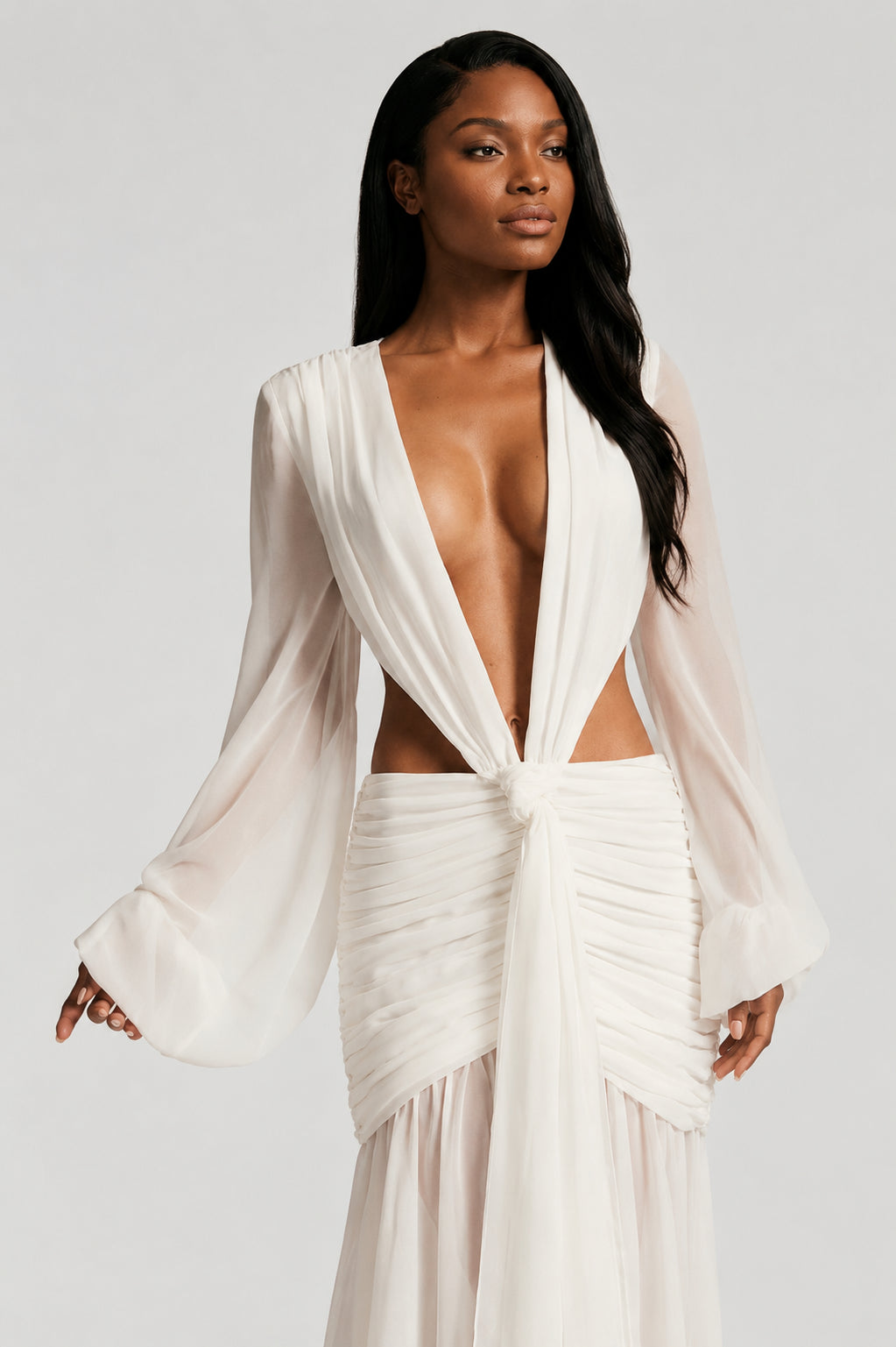 Daydream Plunge-Neckline Ruched Maxi Dress Ivory