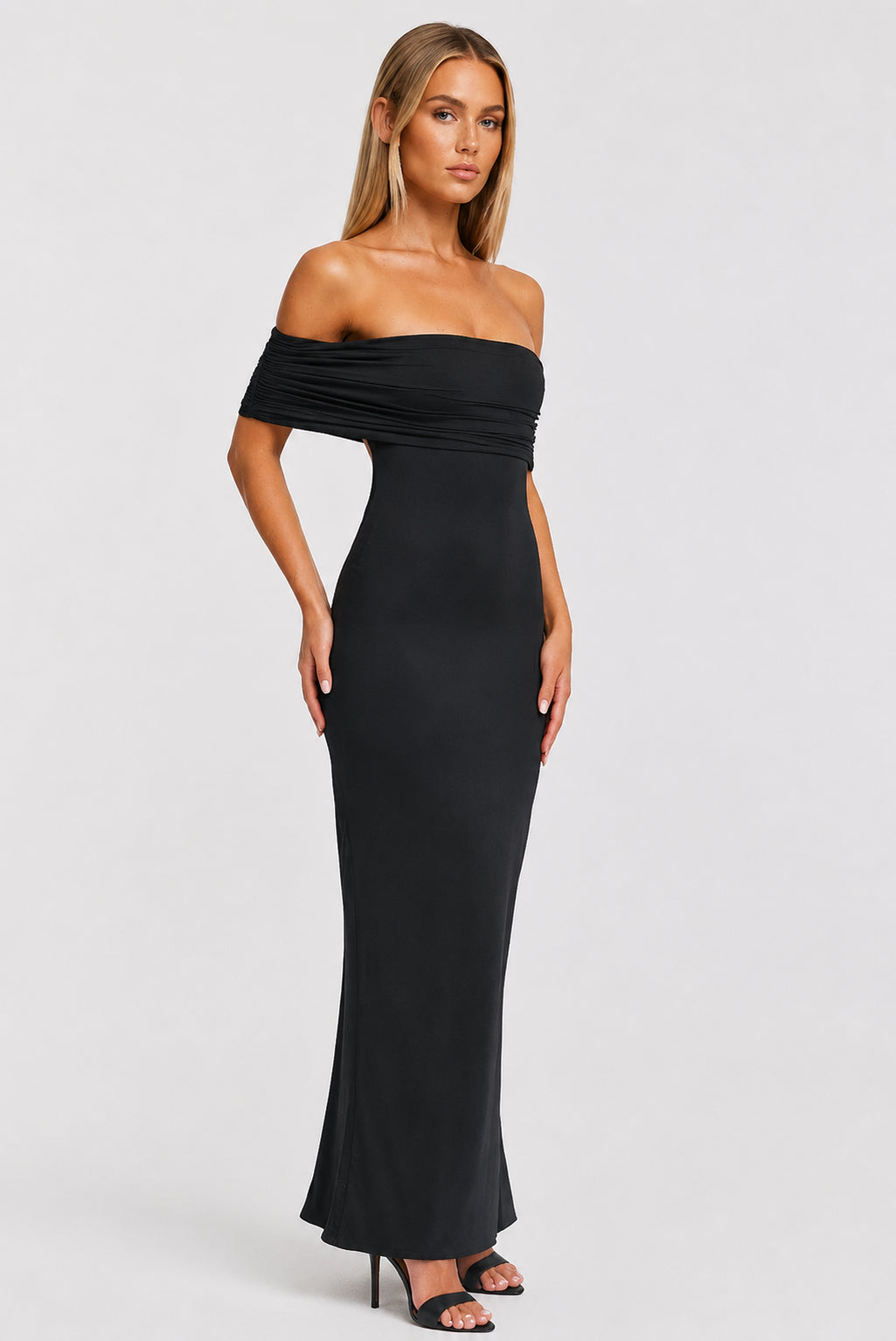 Solstice Ruched Off-Shoulder Maxi Dress Black