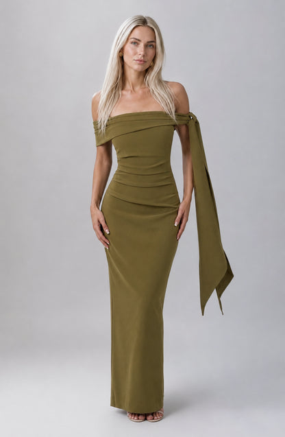Wildflower Off-Shoulder Crepe Maxi Dress Deep Olive
