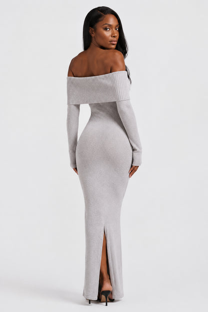 Vivienne Knit Off-Shoulder Maxi Dress Grey