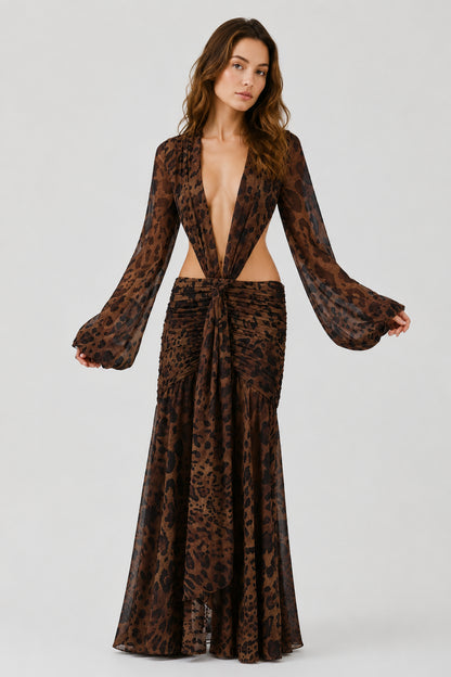 Daydream Plunge-Neckline Ruched Maxi Dress Leopard Print