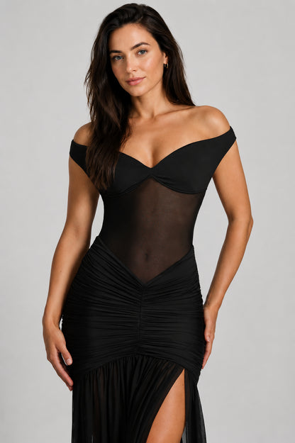Mallorca Mesh Off-Shoulder Maxi Dress Black