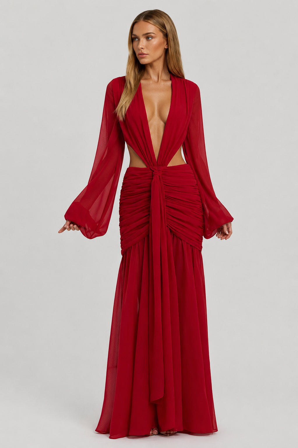 Daydream Plunge-Neckline Ruched Maxi Dress Red