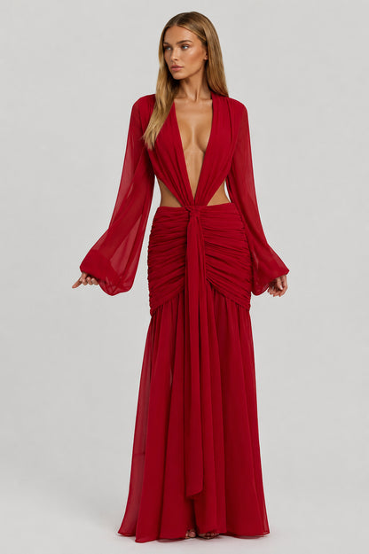 Daydream Plunge-Neckline Ruched Maxi Dress Red