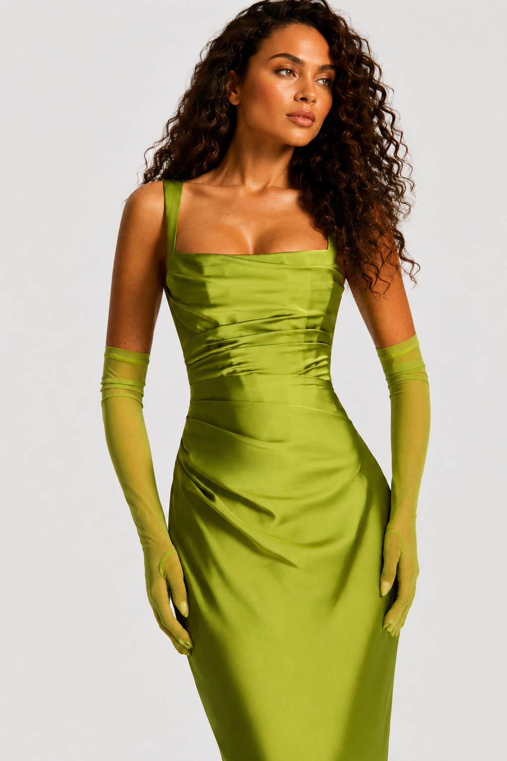 Daydream Satin Square-Neck Maxi Dress Olive