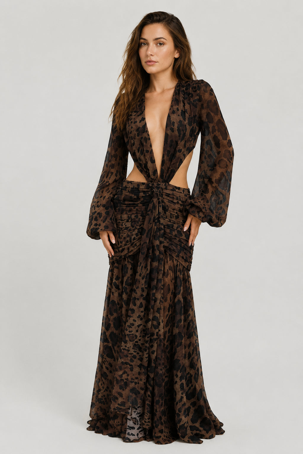 Daydream Plunge-Neckline Ruched Maxi Dress Leopard Print