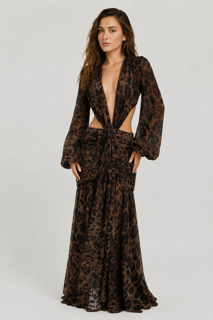 Daydream Plunge-Neckline Ruched Maxi Dress Leopard Print